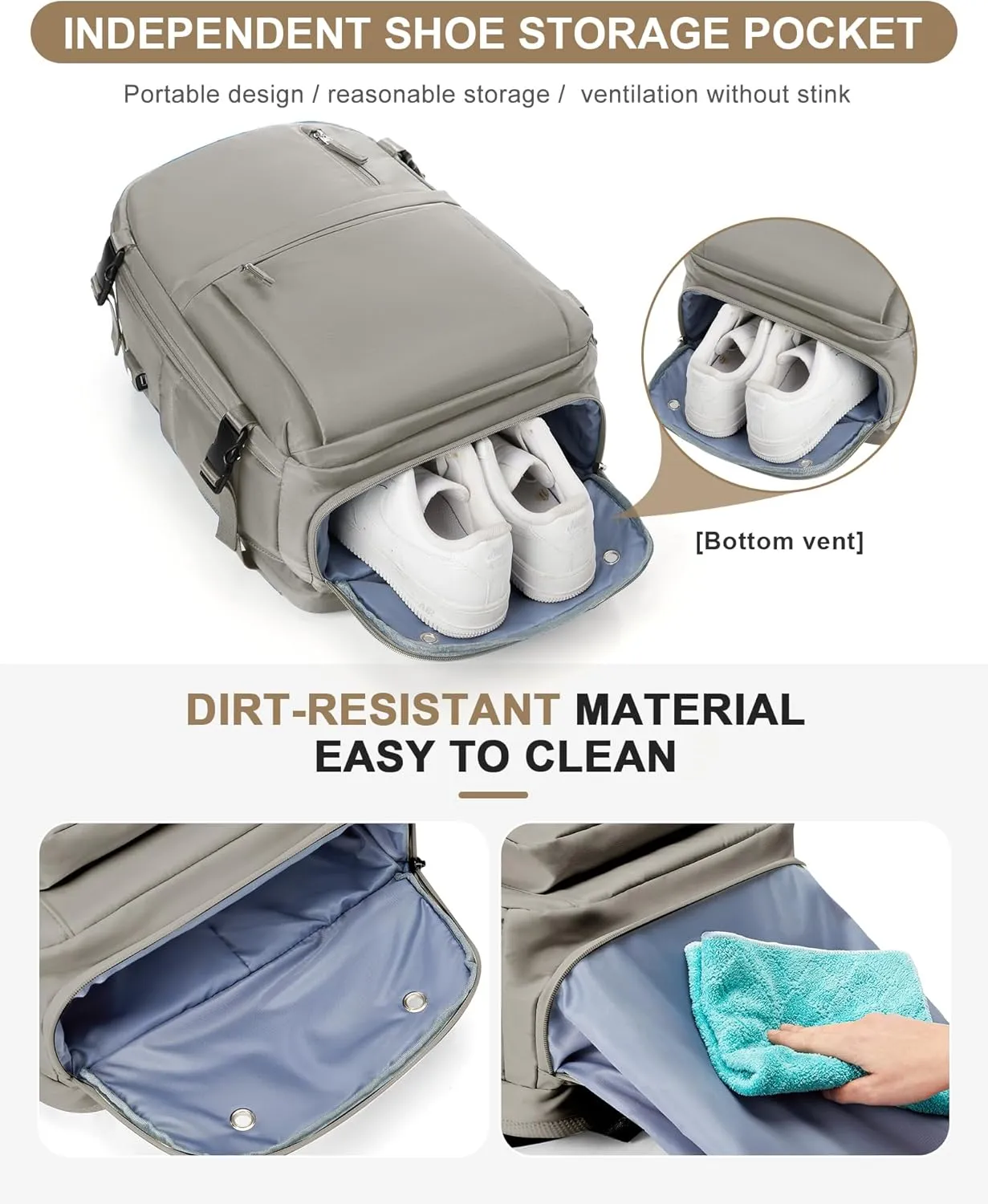 Lightweight Travel Backpack for Women Men Mochila de Viaje Luggage Backpack with USB Charging Port & Shoe Pouch Airline Approved Personal Item Travel Bag Waterproof Utility Backpack(Gray Brown)