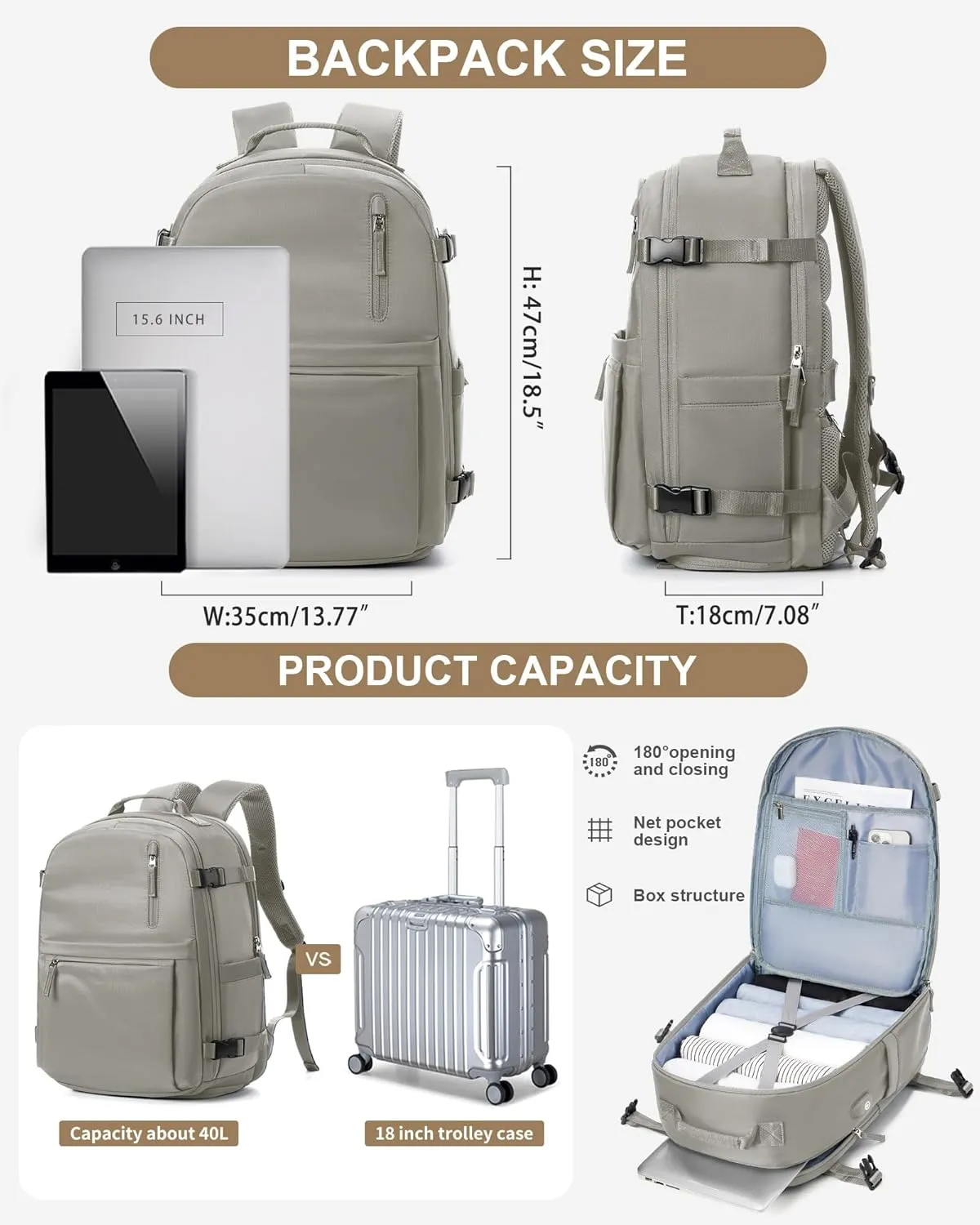 Lightweight Travel Backpack for Women Men Mochila de Viaje Luggage Backpack with USB Charging Port & Shoe Pouch Airline Approved Personal Item Travel Bag Waterproof Utility Backpack(Gray Brown)