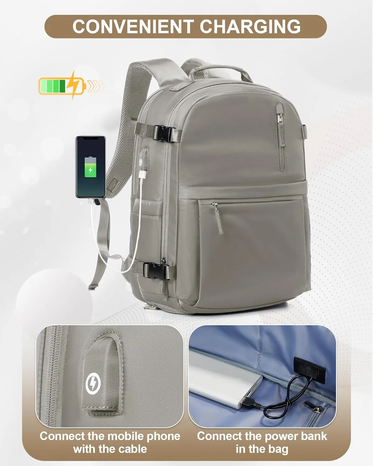 Lightweight Travel Backpack for Women Men Mochila de Viaje Luggage Backpack with USB Charging Port & Shoe Pouch Airline Approved Personal Item Travel Bag Waterproof Utility Backpack(Gray Brown)