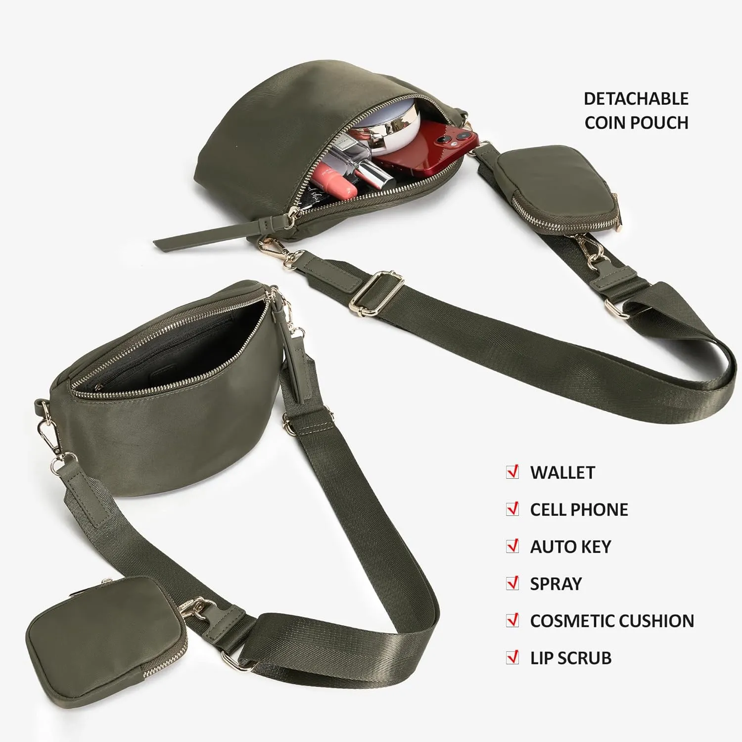 Like Dreams Small Crossbody Bum Bag for Women | Lightweight Nylon Fanny Pack with Detachable Airpods Pouch | Stylish Crossbody Bag (Olive)