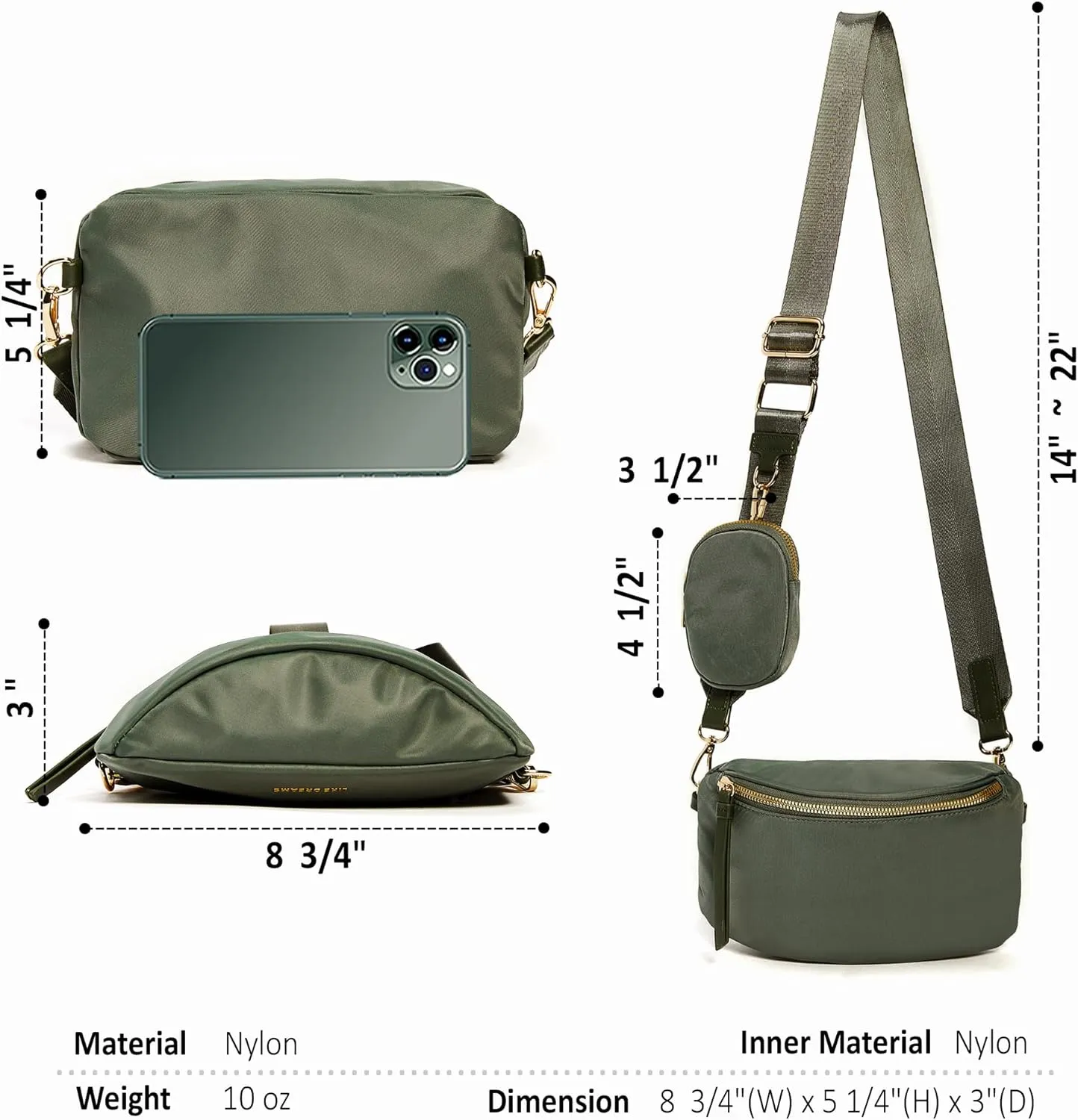 Like Dreams Small Crossbody Bum Bag for Women | Lightweight Nylon Fanny Pack with Detachable Airpods Pouch | Stylish Crossbody Bag (Olive)