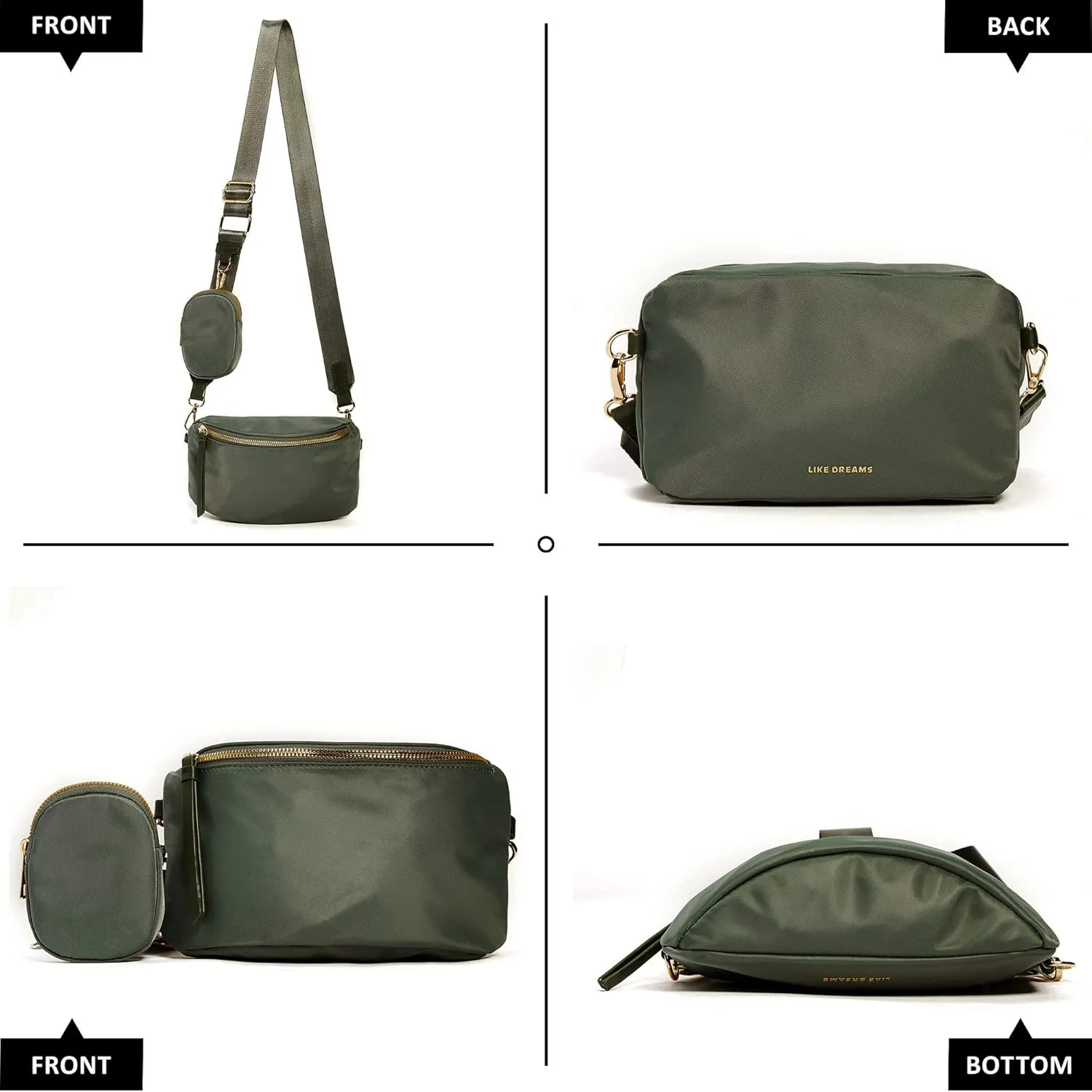 Like Dreams Small Crossbody Bum Bag for Women | Lightweight Nylon Fanny Pack with Detachable Airpods Pouch | Stylish Crossbody Bag (Olive)