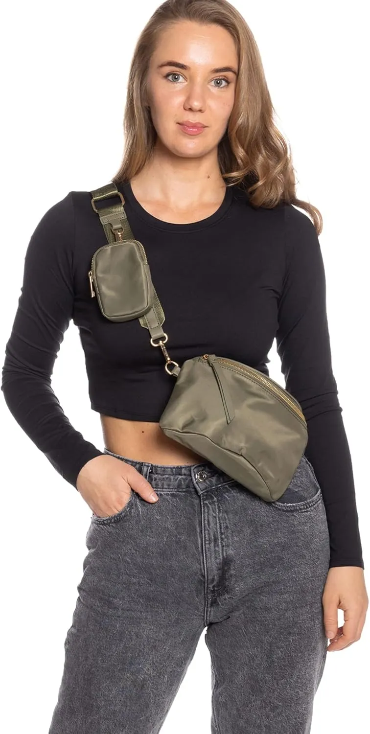Like Dreams Small Crossbody Bum Bag for Women | Lightweight Nylon Fanny Pack with Detachable Airpods Pouch | Stylish Crossbody Bag (Olive)