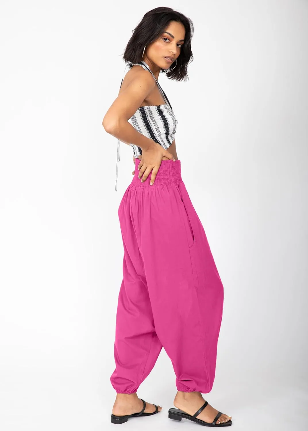 likemary Harem Pants Women Jumpsuits – Romper Pulls Down into Boho Cotton Pants – Petite Capri 2-in-1 Jumper with Pockets