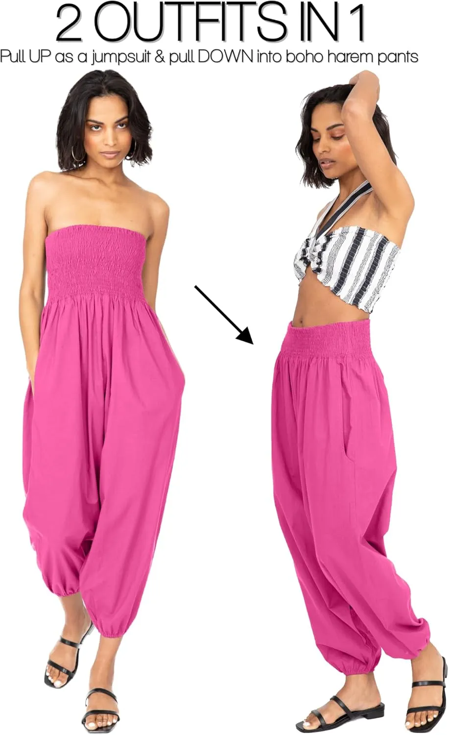 likemary Harem Pants Women Jumpsuits – Romper Pulls Down into Boho Cotton Pants – Petite Capri 2-in-1 Jumper with Pockets