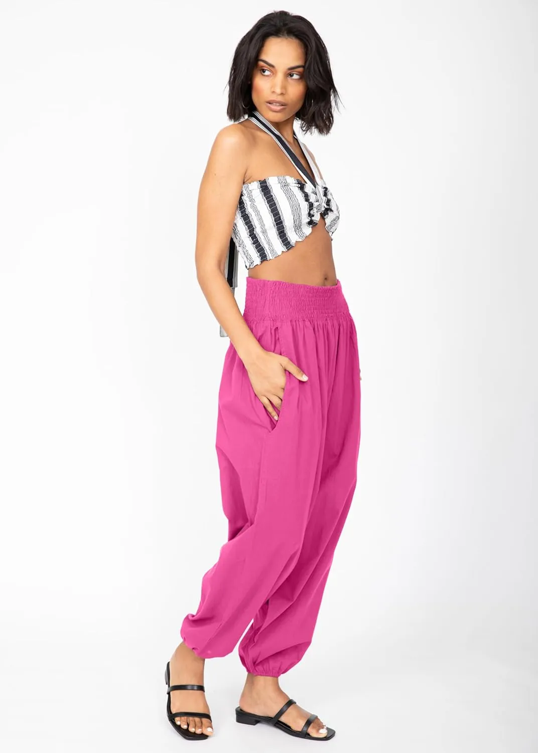 likemary Harem Pants Women Jumpsuits – Romper Pulls Down into Boho Cotton Pants – Petite Capri 2-in-1 Jumper with Pockets