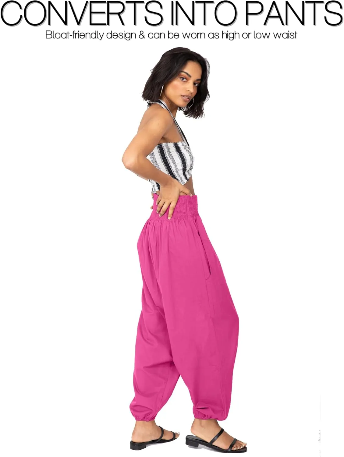 likemary Harem Pants Women Jumpsuits – Romper Pulls Down into Boho Cotton Pants – Petite Capri 2-in-1 Jumper with Pockets