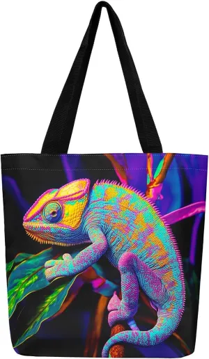 Lizard Canvas Tote Bag,Reptile Cute Chameleon Beach Bag,Cartoon Pet Woodland Handbag for Women