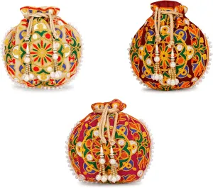 LONGING TO BUY Indian Ethnic Polti Bags For Reutrn Gift, Potli Bags for Wedding, Potli Bags For Gift (Pack of 3 Piece)