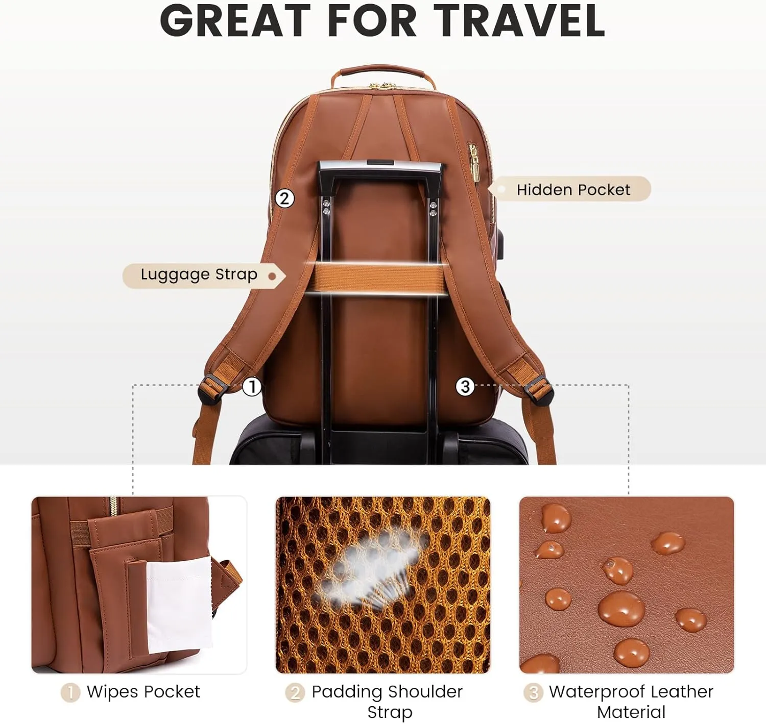 LOVEVOOK Laptop Backpack for Women, Faux PU Leather Quilted Backpack Purse, Business Computer Travel Work Bags, Nurse Backpack for Work, Fits 17-Inch Laptop, Brown