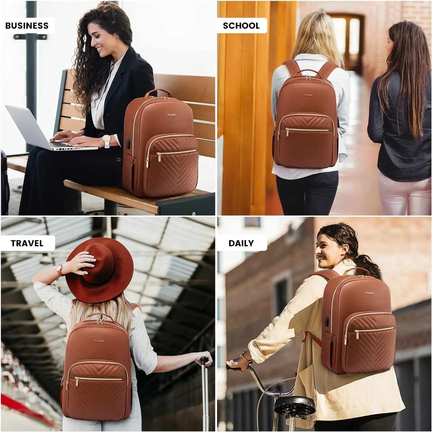 LOVEVOOK Laptop Backpack for Women, Faux PU Leather Quilted Backpack Purse, Business Computer Travel Work Bags, Nurse Backpack for Work, Fits 17-Inch Laptop, Brown