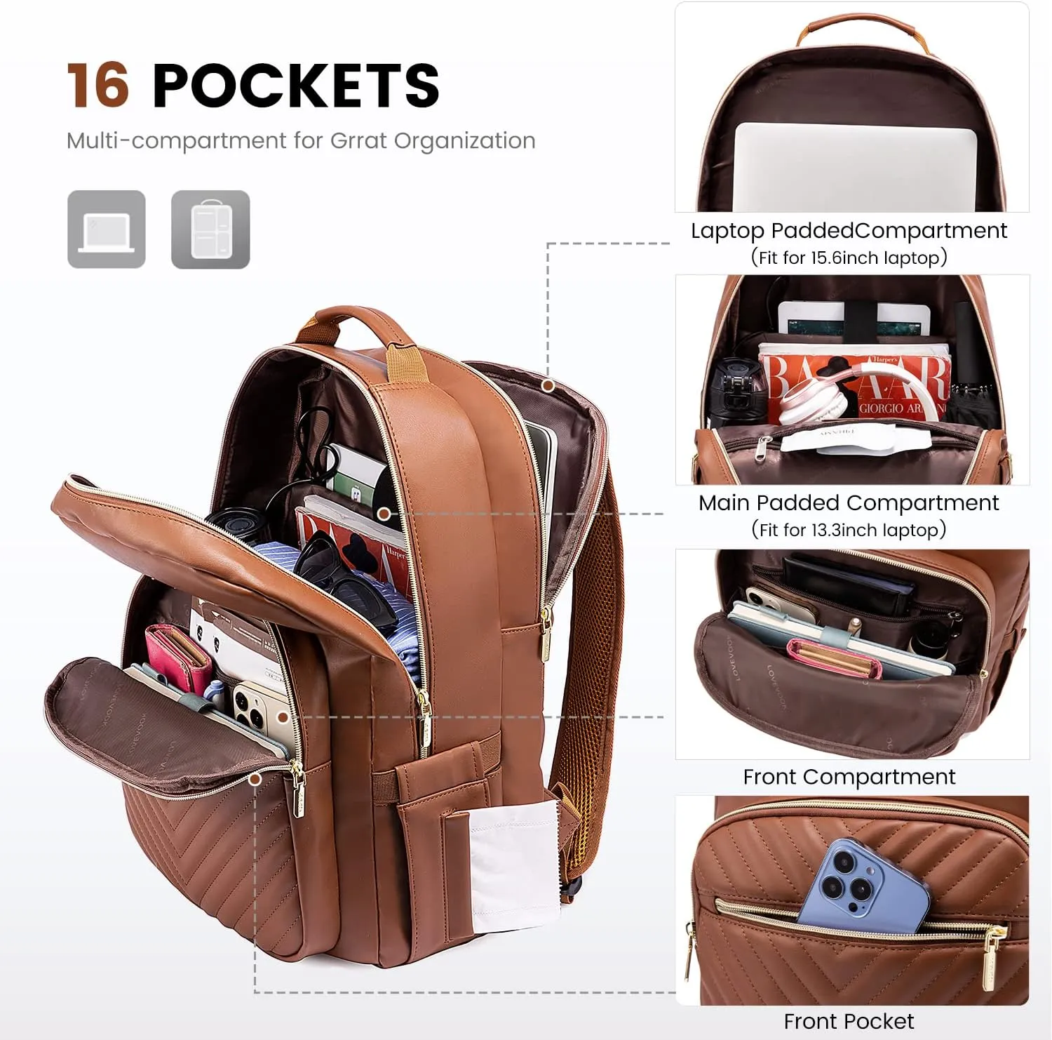 LOVEVOOK Laptop Backpack for Women, Faux PU Leather Quilted Backpack Purse, Business Computer Travel Work Bags, Nurse Backpack for Work, Fits 17-Inch Laptop, Brown