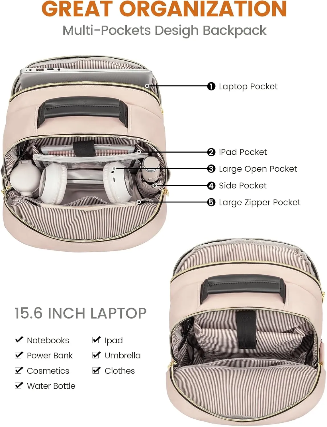 LOVEVOOK Laptop Backpack Purse for Women, Work Travel Computer Bags, College School Backpack for Student Girl, Quilted Casual Daypack with USB Port, Fit 15.6 Inch Laptop, Antiquewhite