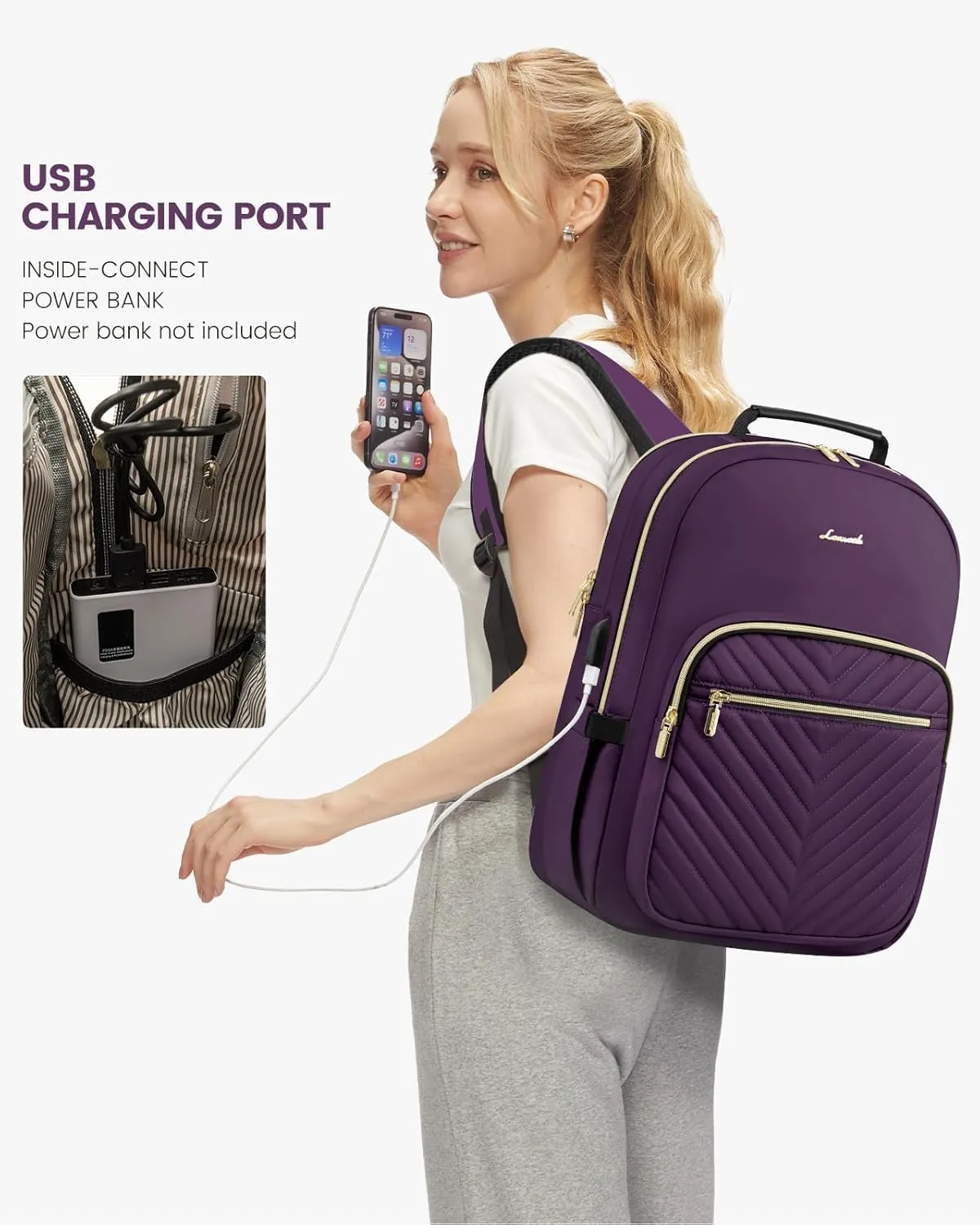 LOVEVOOK Laptop Backpack Purse for Women, Work Travel Computer Bags, College School Backpack for Student Girl, Quilted Casual Daypack with USB Port, Fit 15.6 Inch Laptop, Deep Plum