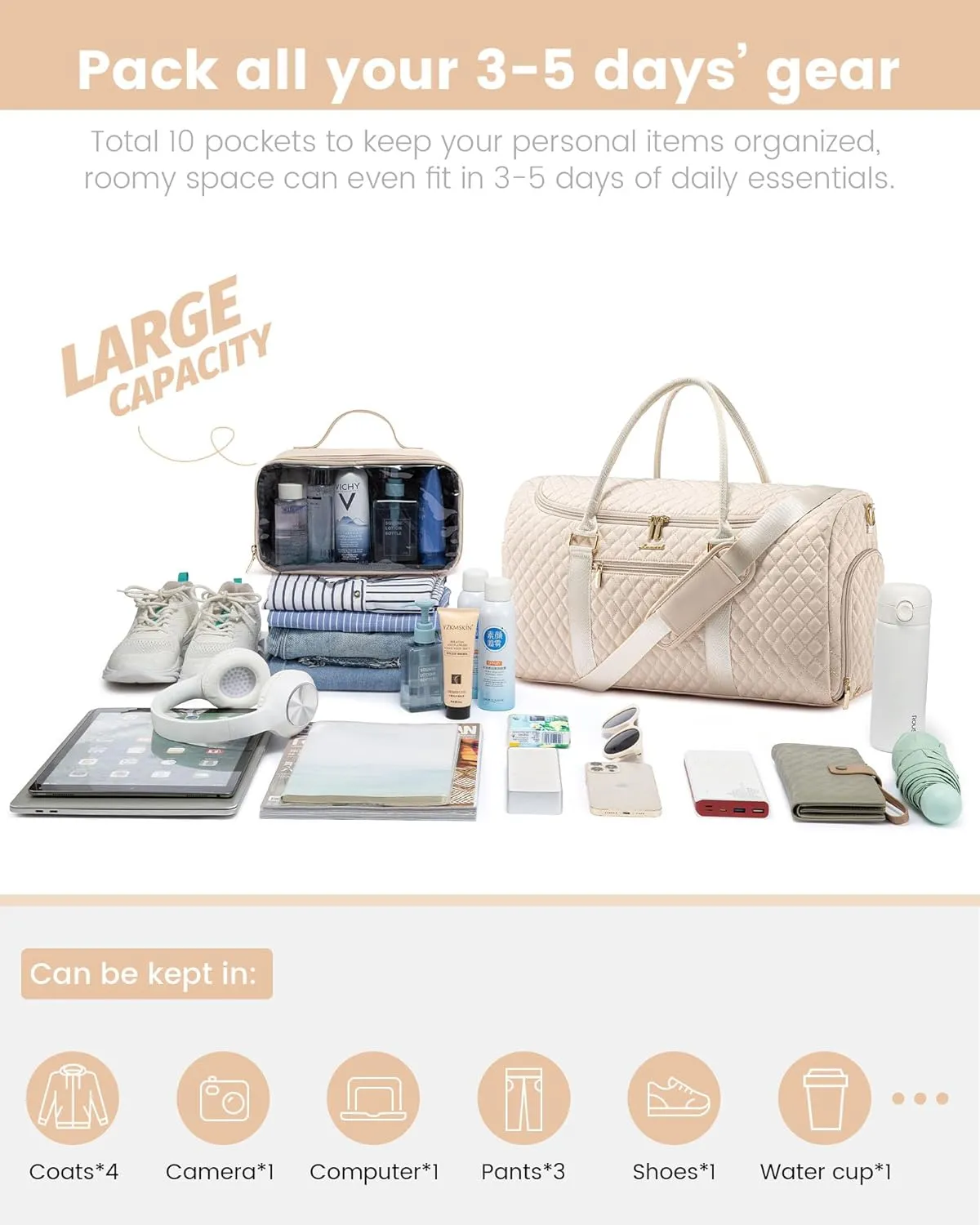 LOVEVOOK Travel Duffle Bag, 40L Weekender Overnight Bag with Toiletry Bag, Quilted Carry On Bag with Shoe Compartment, Gym Duffel Bag with Wet Pocket for Women, Hospital Bags for Labor and Delivery
