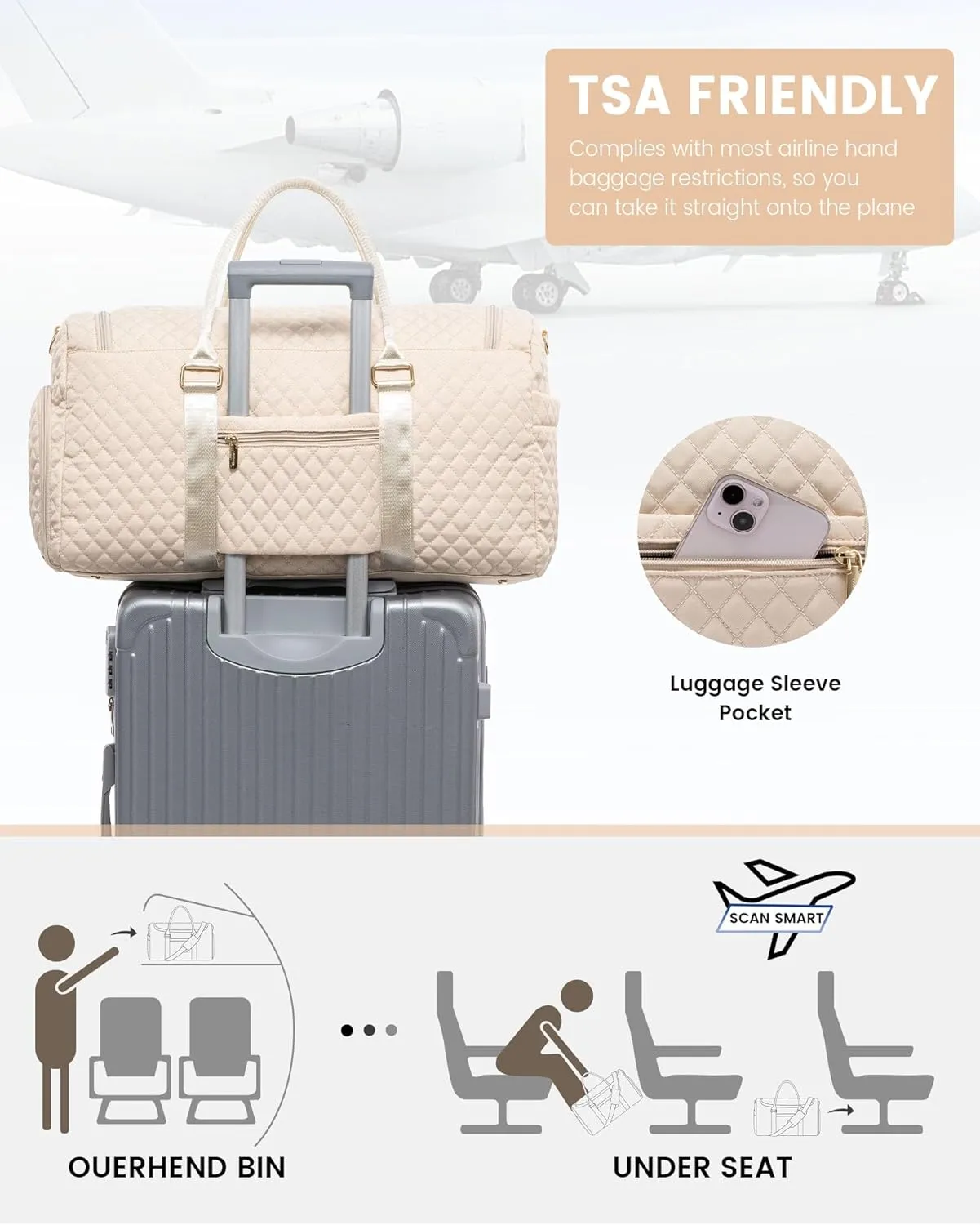 LOVEVOOK Travel Duffle Bag, 40L Weekender Overnight Bag with Toiletry Bag, Quilted Carry On Bag with Shoe Compartment, Gym Duffel Bag with Wet Pocket for Women, Hospital Bags for Labor and Delivery