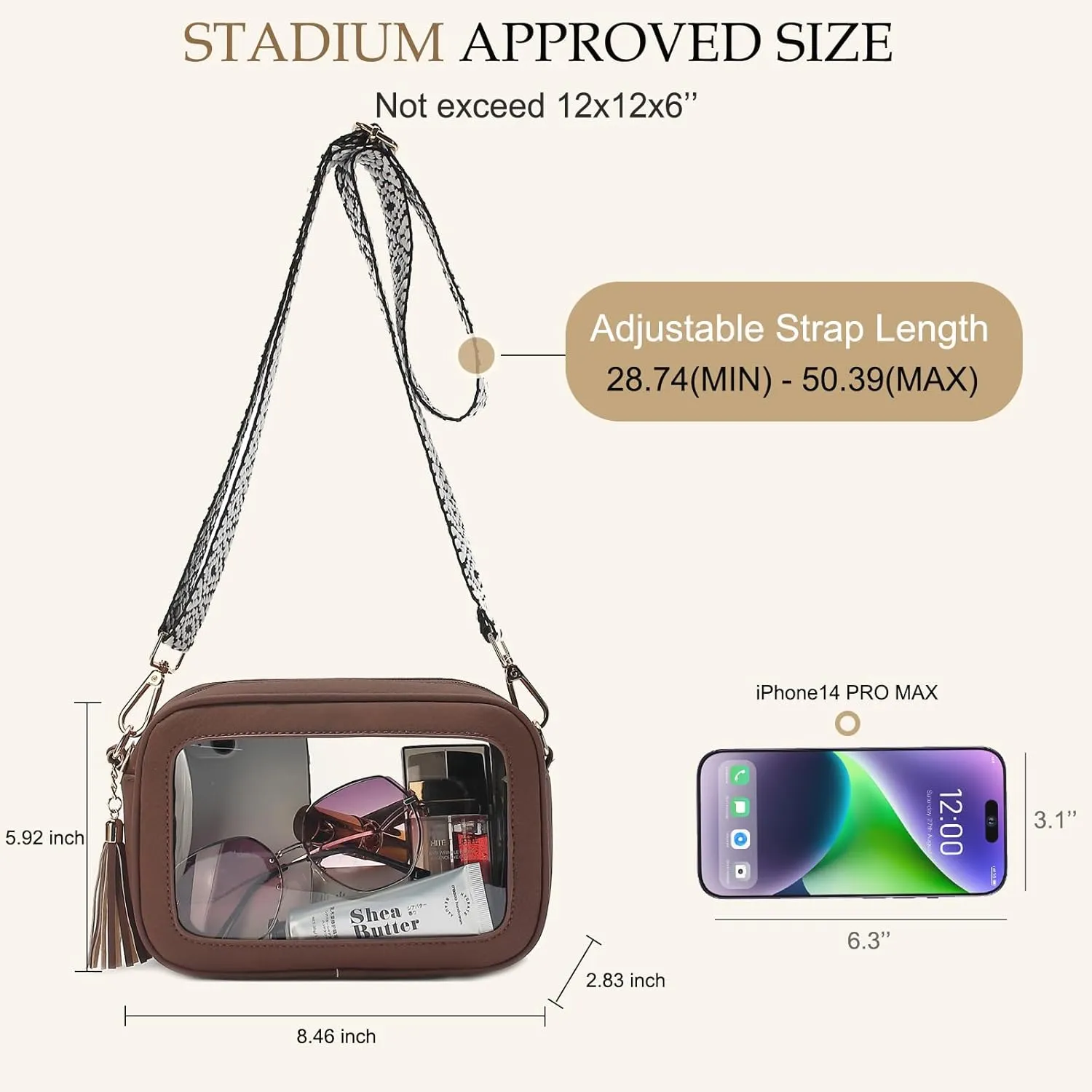 LOXOMU Clear Crossbody Bag Stadium Approved - Waterproof Clear Purses for Women Stadium Bag with Adjustable Guitar Strap