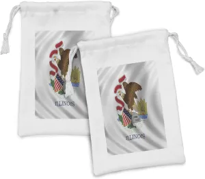 Lunarable American Fabric Pouch Set of 2, Illinois Flag Eagle's Beak Banner State Sovereignty, National Union Springfield, Small Drawstring Bag for Toiletries Masks and Favors, 9" x 6", Multicolor