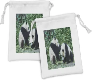 Lunarable Bear Fabric Pouch Set of 2, Panda Cubs Playing Bifengxia Base Reserve in China, Small Drawstring Bag for Toiletries Masks and Favors, 9" x 6", Grey Fern Green