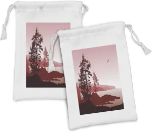 Lunarable Canada Fabric Pouch Set of 2, Nature Scene Rugged West Coast of Vancouver Island Landscape Scenery, Small Drawstring Bag for Toiletries Masks and Favors, 9" x 6", Rose and Chestnut Brown