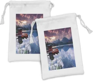 Lunarable Fishing Boat Fabric Pouch Set of 2, Outdoor Scenery Photo with Dramatic Sky Lake Forest and Cottage, Small Drawstring Bag for Toiletries Masks and Favors, 9" x 6", Multicolor