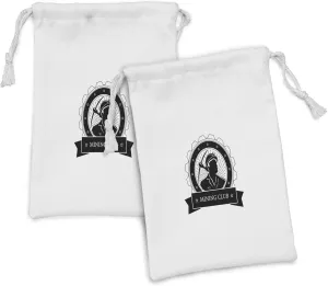 Lunarable Industrial Fabric Pouch Set of 2, Vintage Style Miner Silhouette Holding a Pickax Mining Club Lettering, Small Drawstring Bag for Toiletries Masks and Favors, 9" x 6", Charcoal Grey White