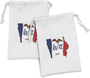 Lunarable Iowa Fabric Pouch Set of 2, Hawkeye State Map and Flag Bald Eagle Carrying Streamer Beak, Small Drawstring Bag for Toiletries Masks and Favors, 9" x 6", Cobalt Blue Vermilion