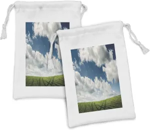 Lunarable Landscape Fabric Pouch Set of 2, Endless Green Rutty Field with Cloudy Sky Horizon Ecological Nature Photo, Small Drawstring Bag for Toiletries Masks and Favors, 9" x 6", Green White Blue