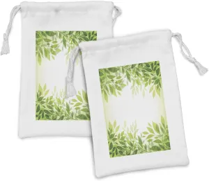 Lunarable Leaf Fabric Pouch Set of 2, Modern Print Framework of Tree Leaves on the Branches Feng Shui Theme, Small Drawstring Bag for Toiletries Masks and Favors, 9" x 6", Green Yellow Pale Green