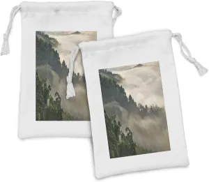 Lunarable Misty Mountains Fabric Pouch Set of 2, Wild Nature Photo with Fog on Valley Tropical Forest Print, Small Drawstring Bag for Toiletries Masks and Favors, 9" x 6", Evergreen Dark Eggshell