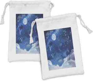 Lunarable Moon Fabric Pouch Set of 2, Night Sky View with Stars Clouds Outer Space Inspired Dramatic Weather Watercolor Art, Small Drawstring Bag for Toiletries Masks and Favors, 9" x 6", Pale Blue