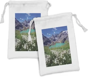 Lunarable Mountain Lake Fabric Pouch Set of 2, Pastoral Meadow with Dandelion Flowers Turquoise Water Creek Hills Panorama, Small Drawstring Bag for Toiletries Masks and Favors, 9" x 6", Multicolor