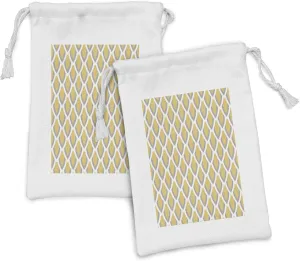 Lunarable Mustard Fabric Pouch Set of 2, Vintage Inspired Downward Leaf Shaped Symmetric Classic Feminine Motif, Small Drawstring Bag for Toiletries Masks and Favors, 9" x 6", Pale Grey White