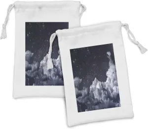 Lunarable Night Sky Fabric Pouch Set of 2, Nocturnal Cloudy Astronomical Sky Space Telescope View of Stars Image, Small Drawstring Bag for Toiletries Masks and Favors, 9" x 6", Blue Grey and White