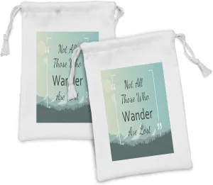 Lunarable Not All Who Wander Are Lost Fabric Pouch Set of 2, Words with Mountains and Forest Travel Wisdom, Small Drawstring Bag for Toiletries Masks and Favors, 9" x 6", Green Seafoam Mint Green