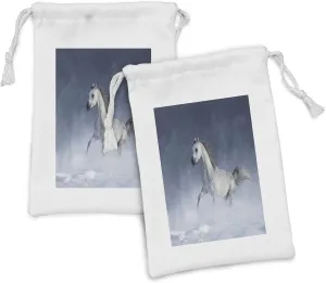 Lunarable Orient Fabric Pouch Set of 2, Horse Galloping During a Snowstorm Stallion Winter Snow View Equine Print, Small Drawstring Bag for Toiletries Masks and Favors, 9" x 6", Night Blue