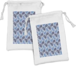 Lunarable Paisley Fabric Pouch Set of 2, Modern Dramatic Floral Arrangement and Leaf Patterns with Tile Backgrounded, Small Drawstring Bag for Toiletries Masks and Favors, 9" x 6", Blue and White