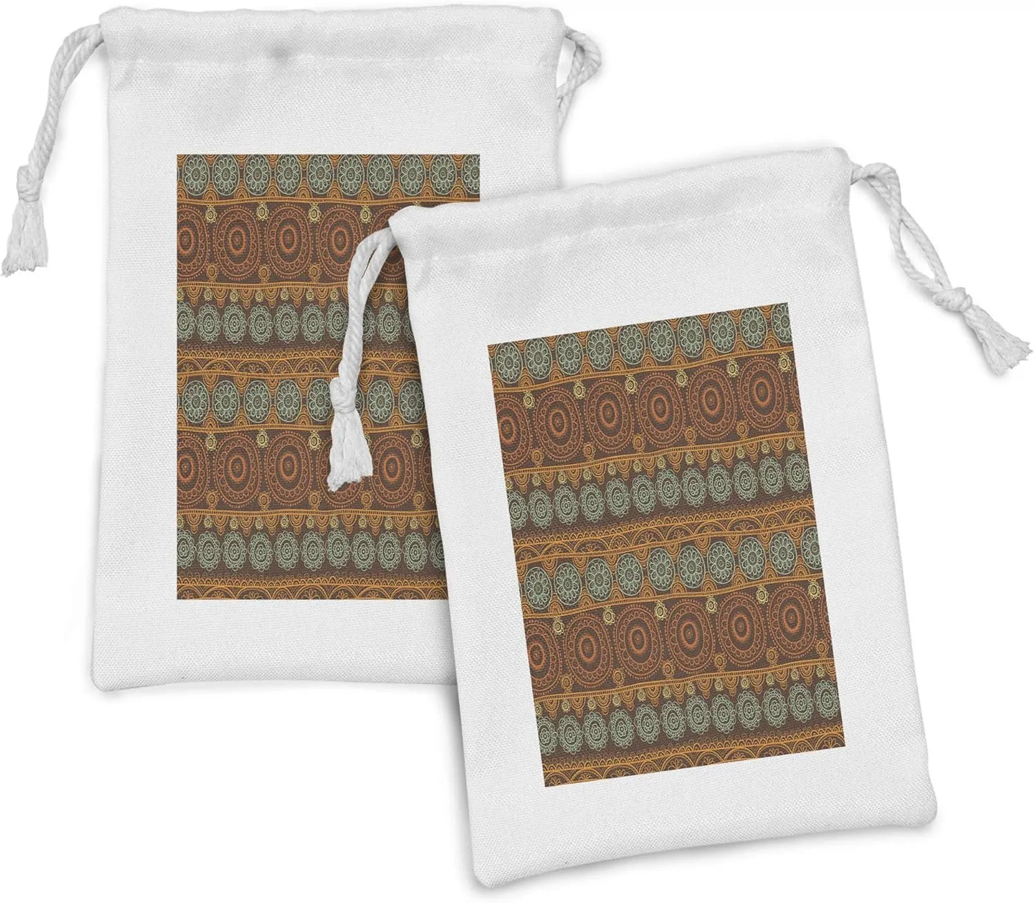 Lunarable Prehistoric Fabric Pouch Set of 2, Aboriginal Patterns Round Line Floral Style Circles Australian Art Image, Small Drawstring Bag for Toiletries Masks and Favors, 9" x 6", Orange Brown