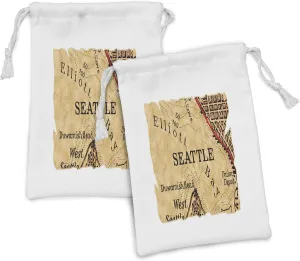 Lunarable Seattle Fabric Pouch Set of 2, Vintage Map of Elliot Bay Seattle American State Worn out Torn Effect Art, Small Drawstring Bag for Toiletries Masks and Favors, 9" x 6", Dark Brown and Beige