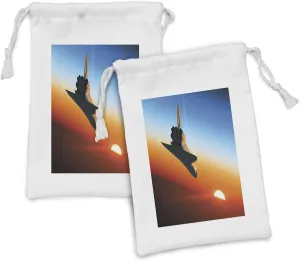 Lunarable Shuttle Fabric Pouch Set of 2, Dramatic Back View of a Spaceship Landing at Sunset, Small Drawstring Bag for Toiletries Masks and Favors, 9" x 6", Sky Blue Vermilion