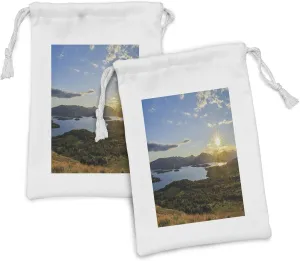 Lunarable Sunburst Fabric Pouch Set of 2, Photo of Sunrise over Loch Lomond Scotland, Small Drawstring Bag for Toiletries Masks and Favors, 9" x 6", Evergreen Pale Blue