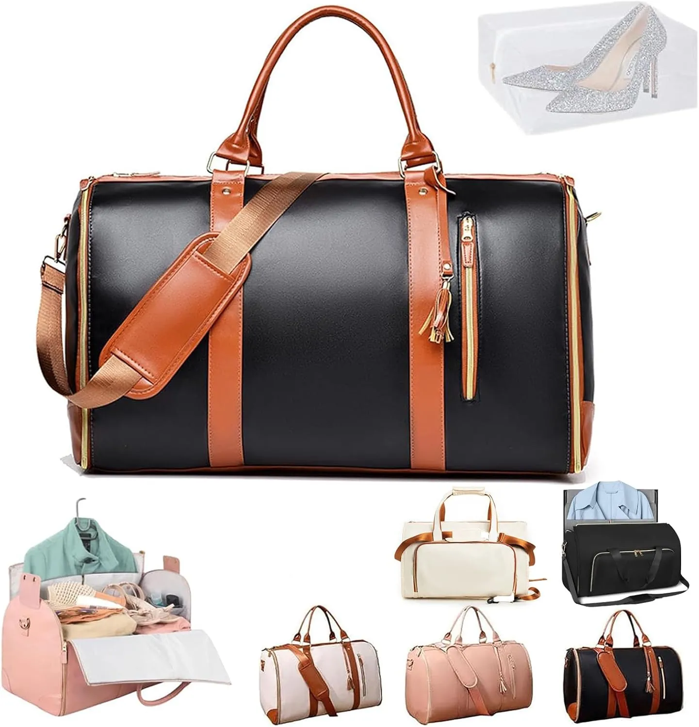 Luxe Mega Bag, Jenni Bag Travel Bag With Wheels, PU Leather 2 in 1 Hanging Suitcase Travel Bags, Waterproof Convertible Garment Bags for Travel with Shoe Pouch (Black(Without pull rod))
