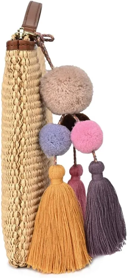 Luxury Straw Wristlet Pouch Beach Clutch Bag Small Summer Vacation Purse w. Colorful Pom Poms Tassels for Women