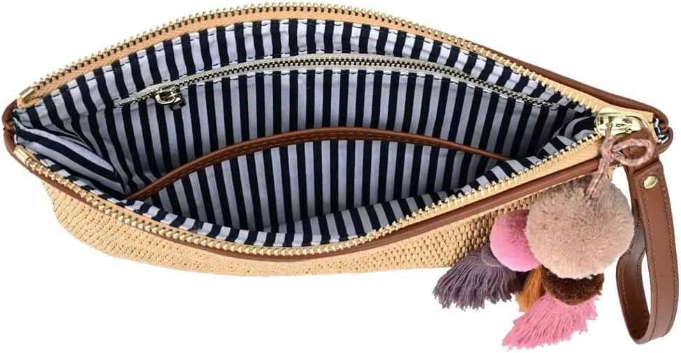 Luxury Straw Wristlet Pouch Beach Clutch Bag Small Summer Vacation Purse w. Colorful Pom Poms Tassels for Women