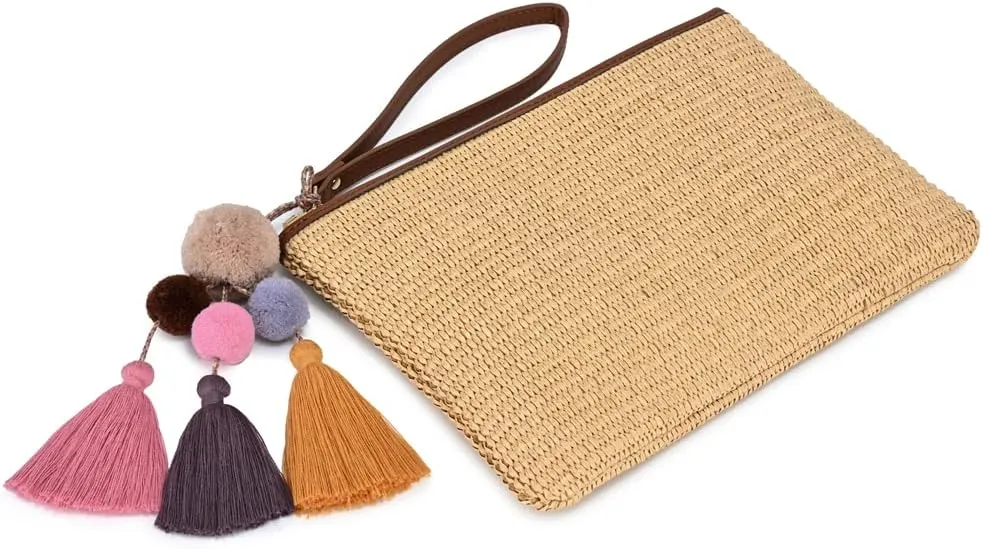 Luxury Straw Wristlet Pouch Beach Clutch Bag Small Summer Vacation Purse w. Colorful Pom Poms Tassels for Women