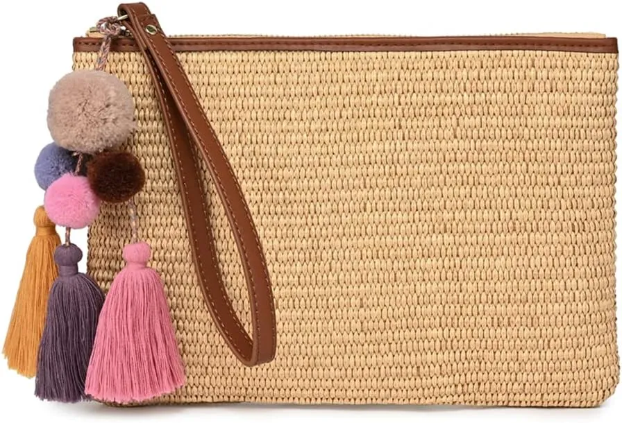 Luxury Straw Wristlet Pouch Beach Clutch Bag Small Summer Vacation Purse w. Colorful Pom Poms Tassels for Women