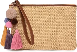 Luxury Straw Wristlet Pouch Beach Clutch Bag Small Summer Vacation Purse w. Colorful Pom Poms Tassels for Women