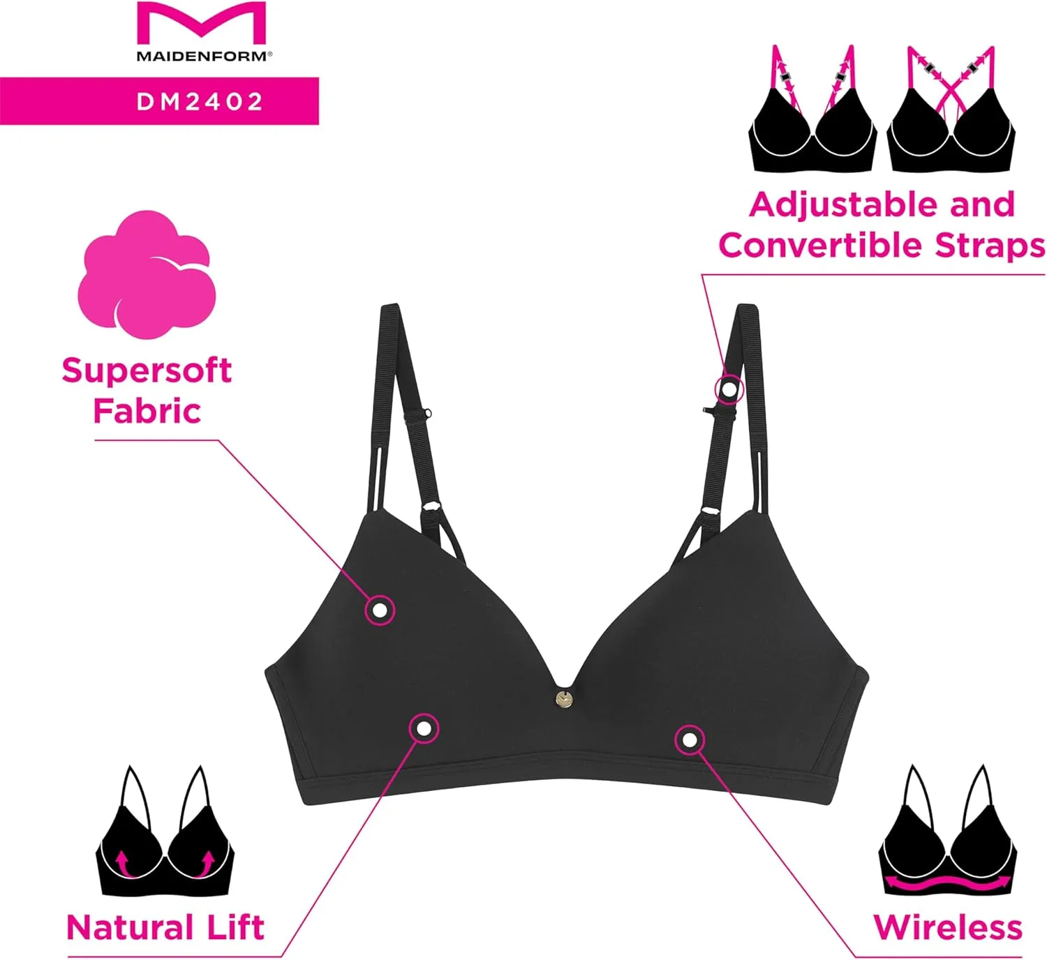 Maidenform Women's, Everyday Luxe T-Shirt, Wireless Convertible Bra