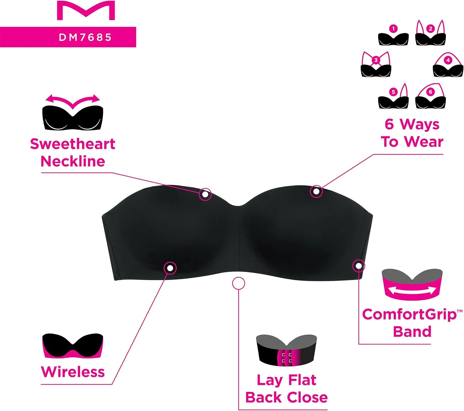 Maidenform Women's Pure Comfort Strapless, Stay-put Wireless, Full-coverage Convertible Bra