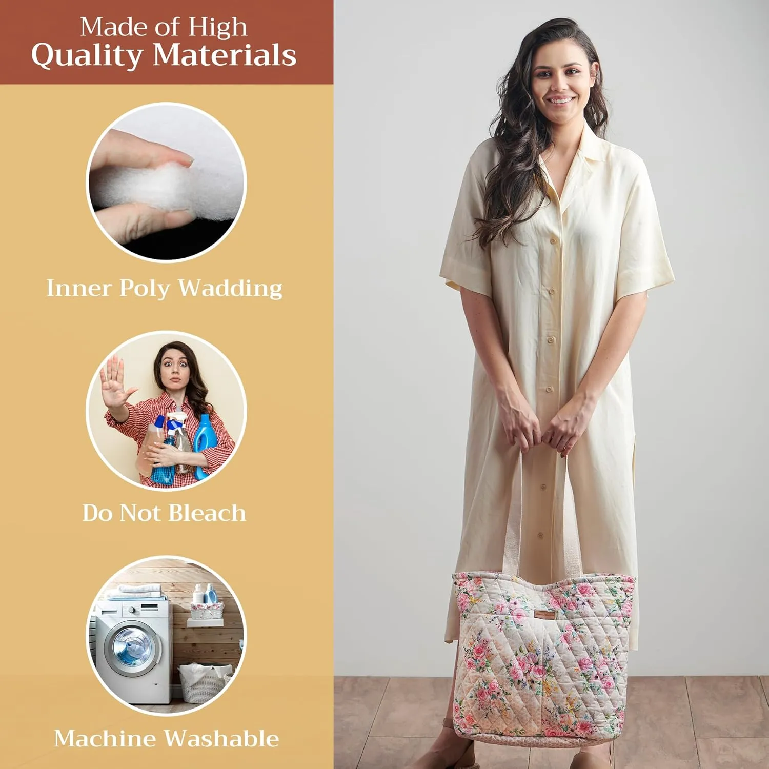 Maison d' Hermine Shopping Bag Cotton Quilted Tote Bag with Zipper Pockets & Small Pouch Grocery Bag for Work Travel Lunch